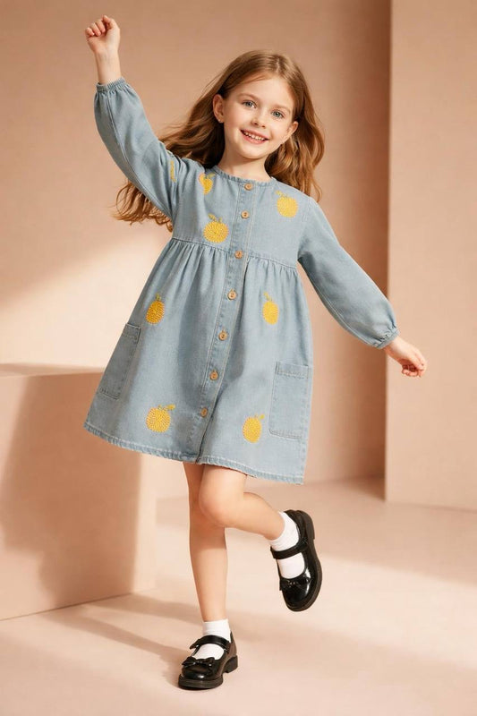 Mandalina Nakışlı Denim Elbise