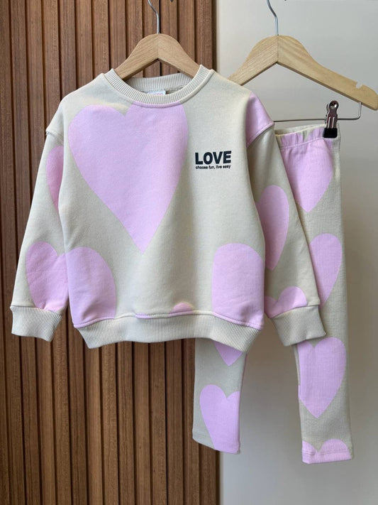 Kalp Baskılı İkili Takım-Krem