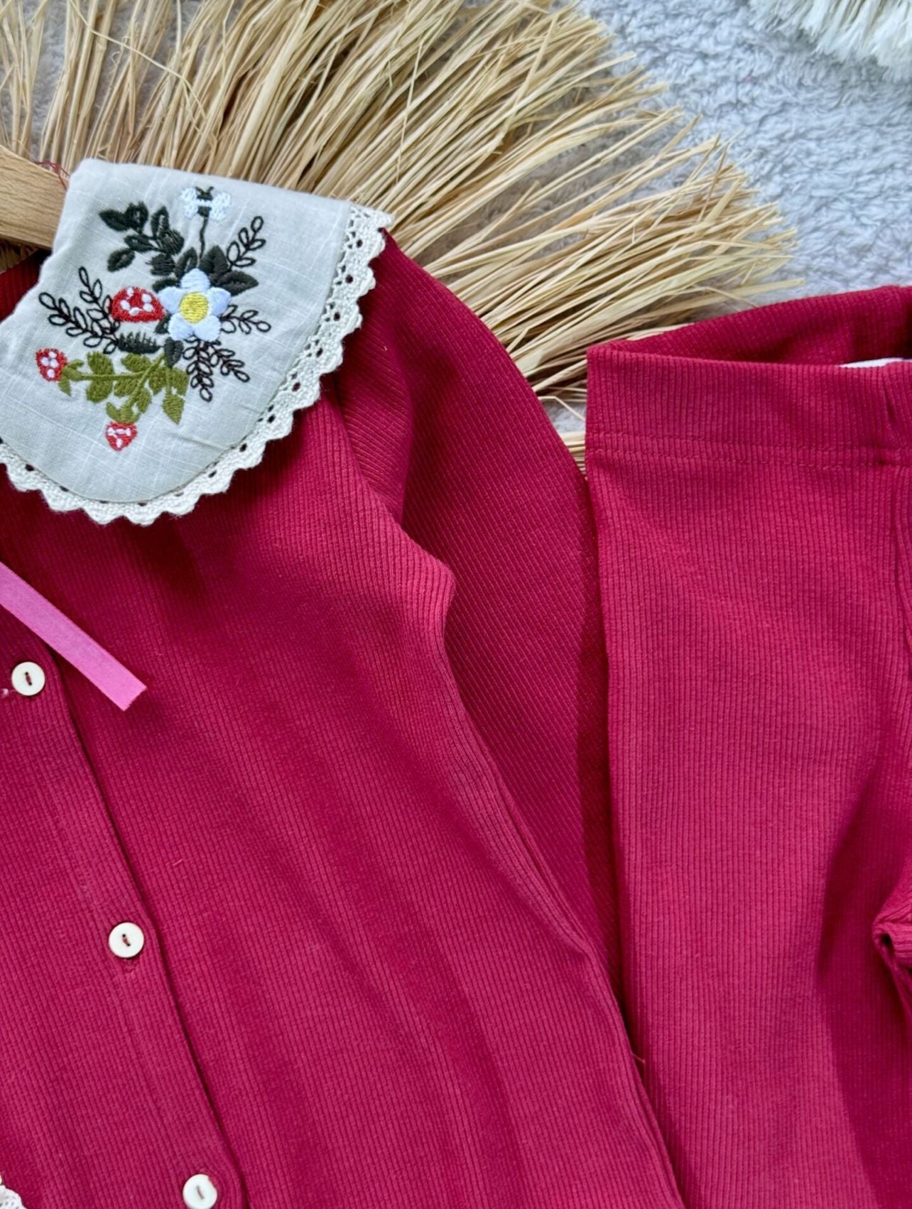 Bebe Yaka Taytlı İkili Takım-Kırmızı