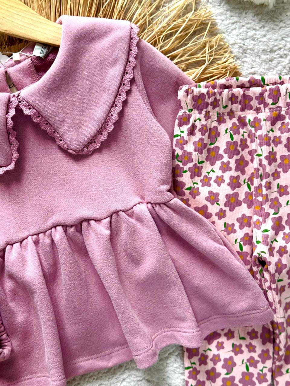 Yakalı Çiçekli Taytlı İkili Takım