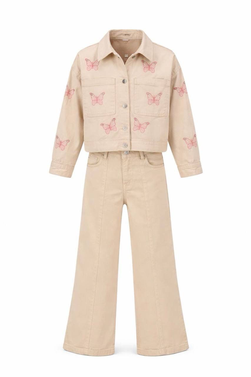 Kelebek İşlemeli Taşlı Ceketli Takım-Krem