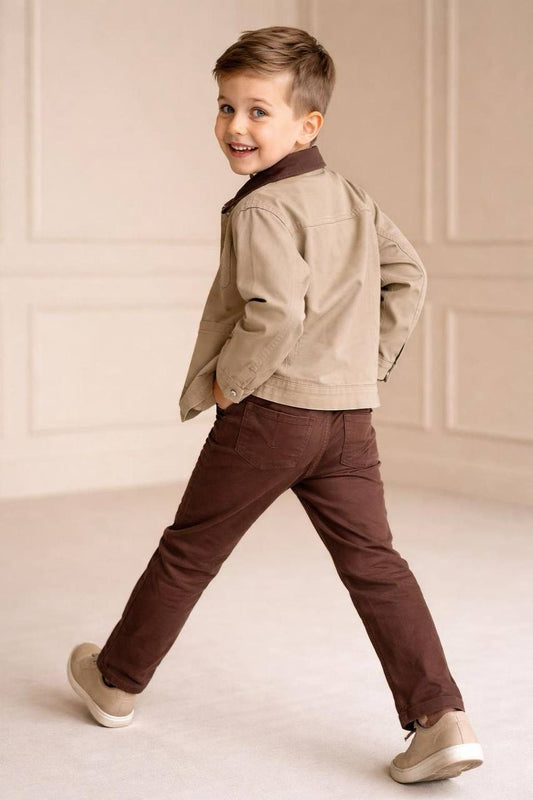 Kontrast Yakalı Kanvas Takım-Kahve