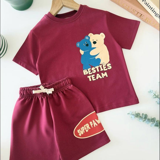 Erkek Çocuk "Besties Team" Baskılı Şortlu Takım