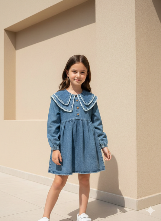 Dantel Yakalı Denim Elbise