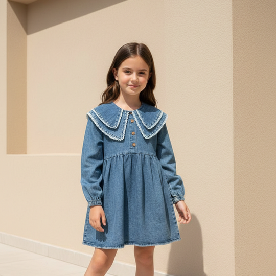Dantel Yakalı Denim Elbise