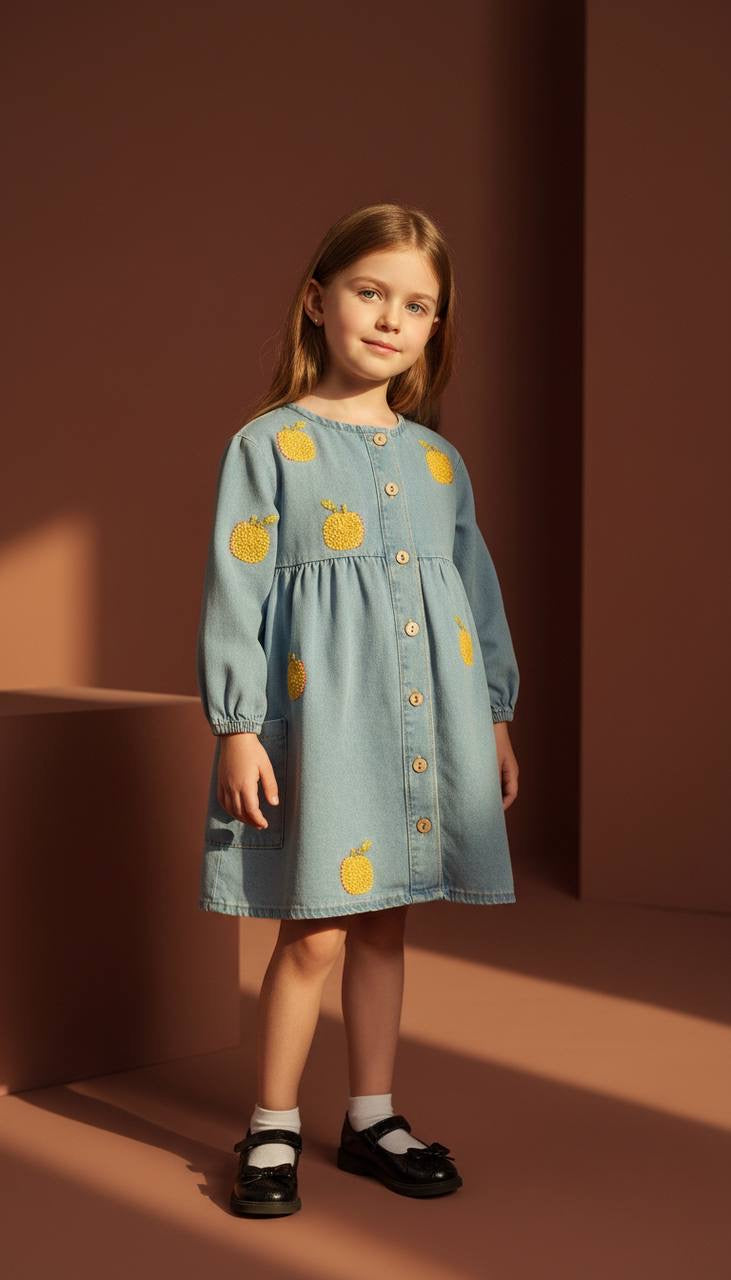 Mandalina Nakışlı Denim Elbise