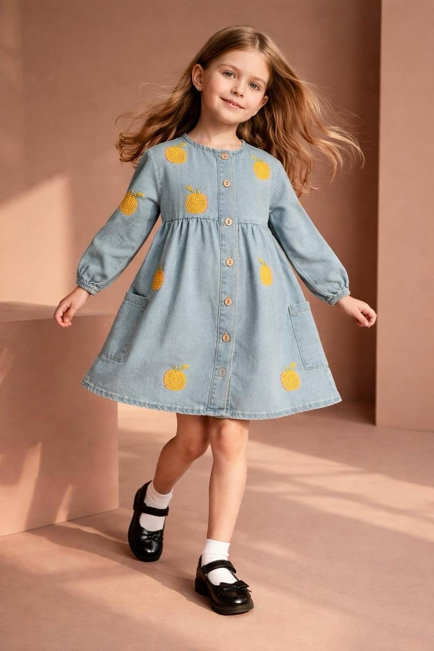 Mandalina Nakışlı Denim Elbise