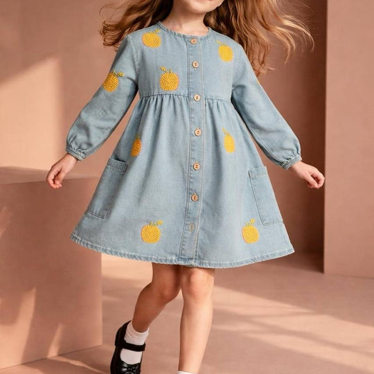 Mandalina Nakışlı Denim Elbise