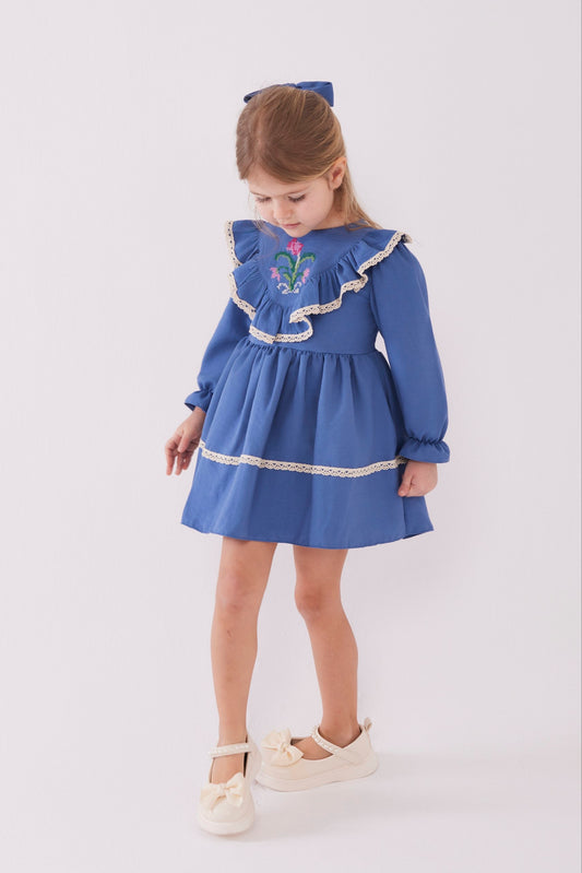Nakış Detaylı Mavi Kız Çocuk Elbise(Toka Hediyeli)