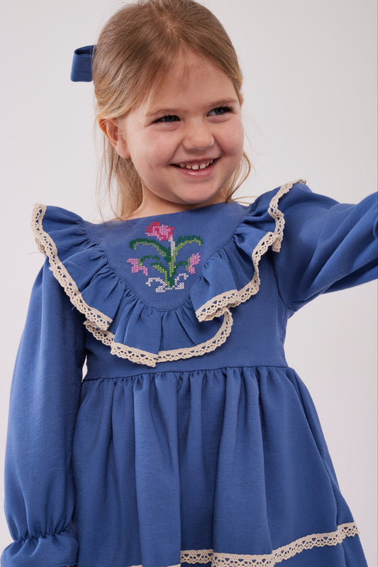 Nakış Detaylı Mavi Kız Çocuk Elbise(Toka Hediyeli)