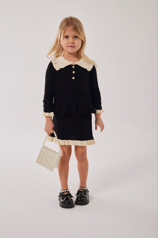 Siyah İnci Detaylı Triko Etek Ceket Takım