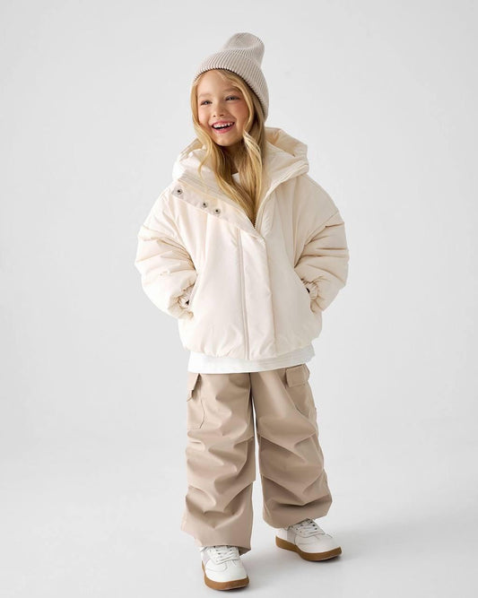 Su Geçirmez Şişme Kapüşonlu Mont Beyaz