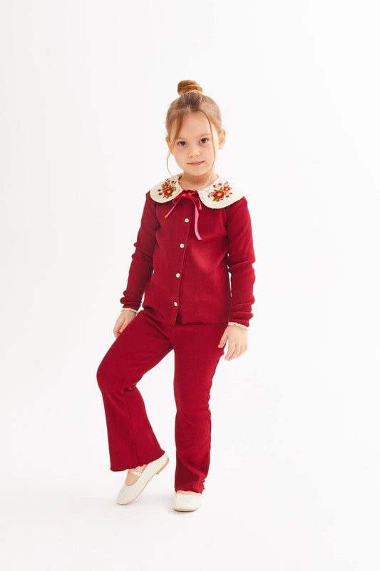 Bebe Yaka Taytlı İkili Takım-Kırmızı