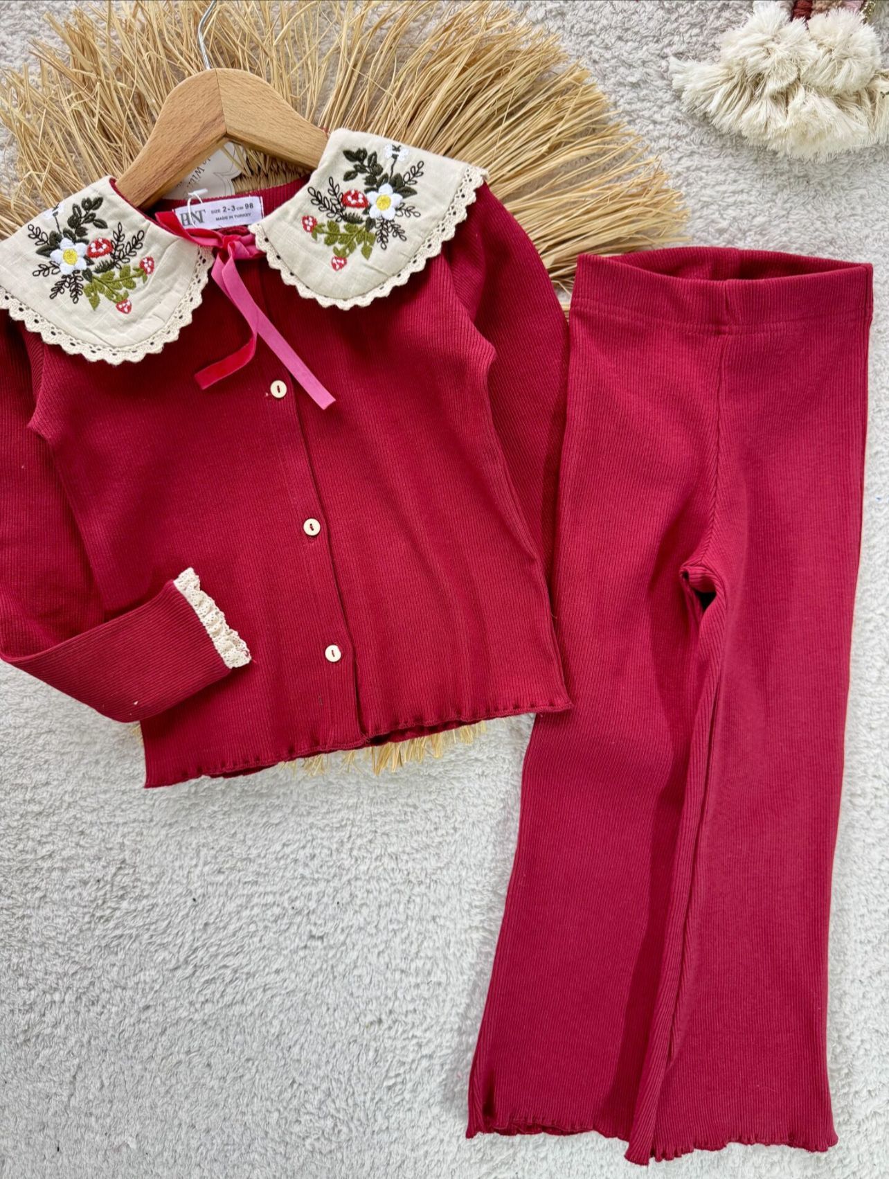 Bebe Yaka Taytlı İkili Takım-Kırmızı