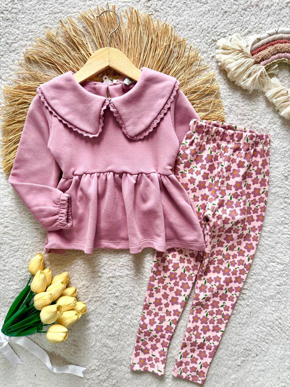 Yakalı Çiçekli Taytlı  İkili Takım