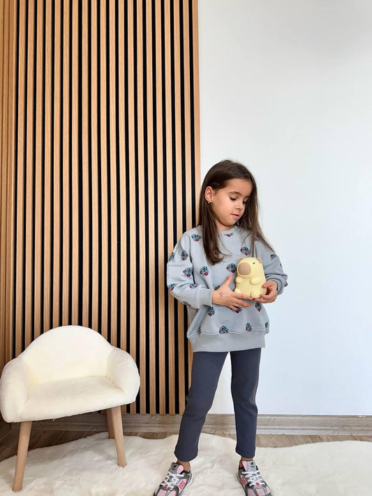 Pamuklu Çiçek Deseni Sweatshirt & Tayt Takımı