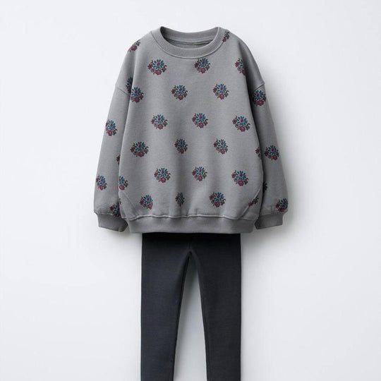 Pamuklu Çiçek Deseni Sweatshirt & Tayt Takımı