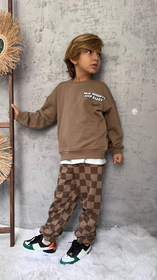 Kahverengi Damalı Konfor Pamuklu Takım