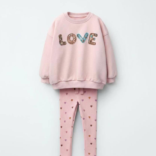 "LOVE" Temalı Pembe Pamuklu Takım