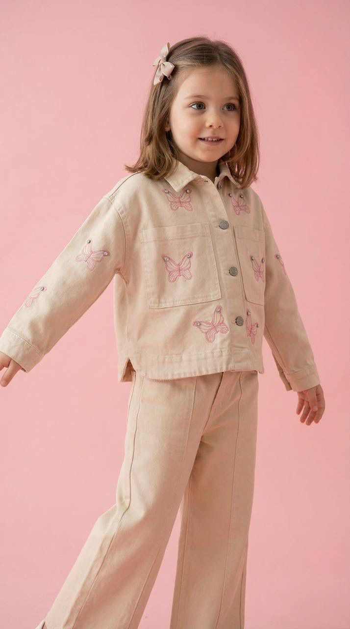 Kelebek İşlemeli Taşlı Ceketli Takım-Krem