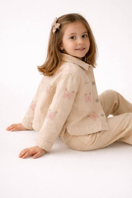 Kelebek İşlemeli Taşlı Ceketli Takım-Krem