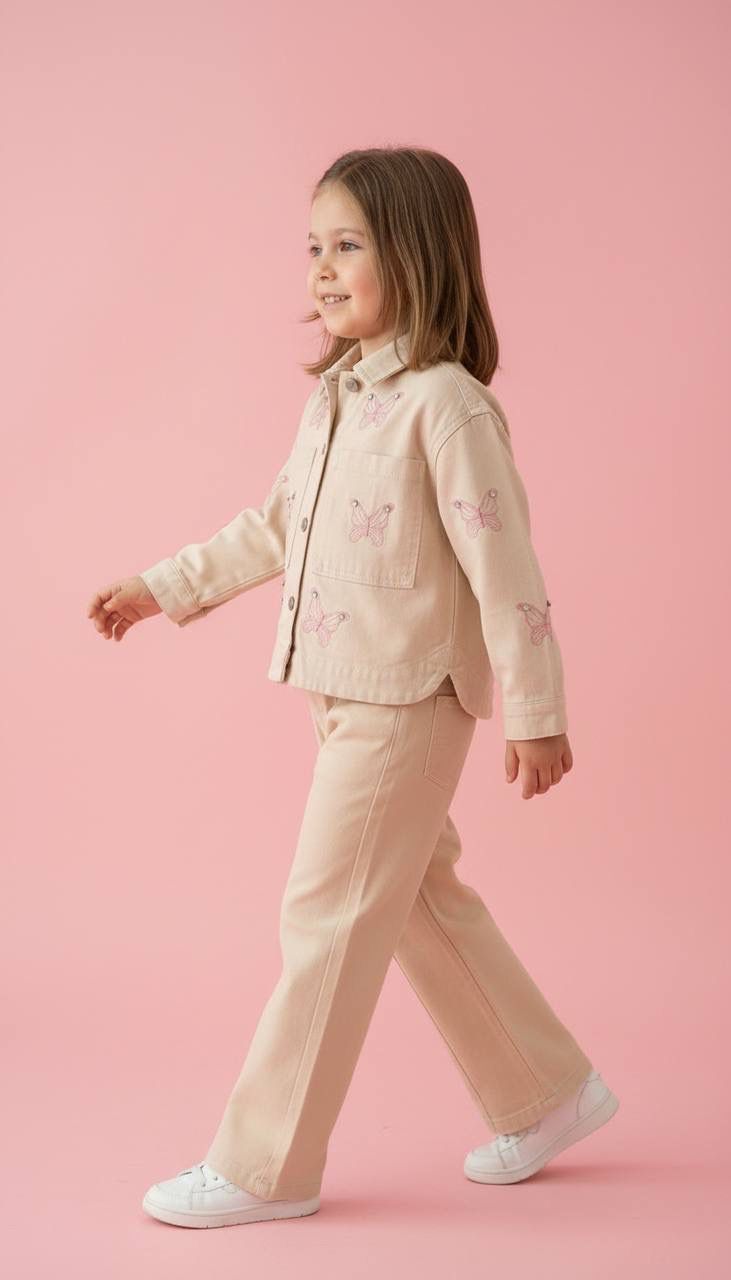 Kelebek İşlemeli Taşlı Ceketli Takım-Krem