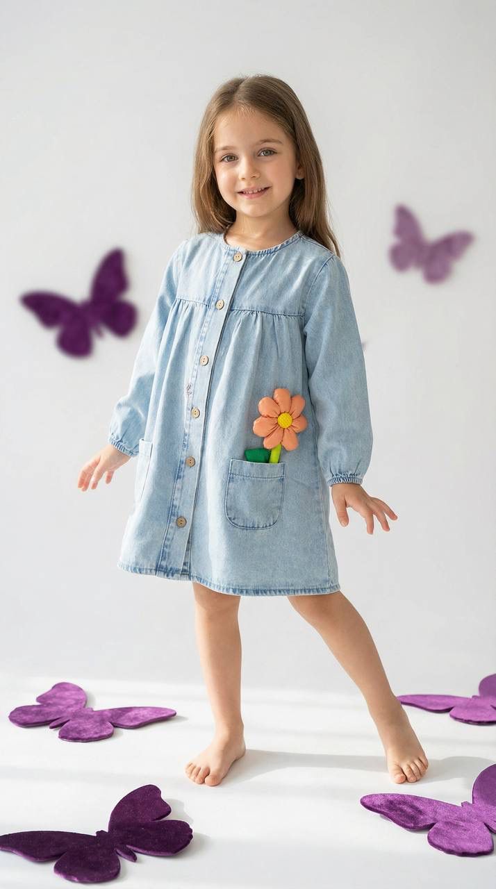 Çiçek Detaylı Kot Elbise