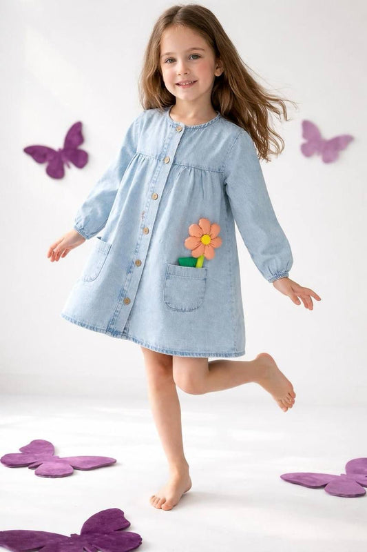 Çiçek Detaylı Kot Elbise