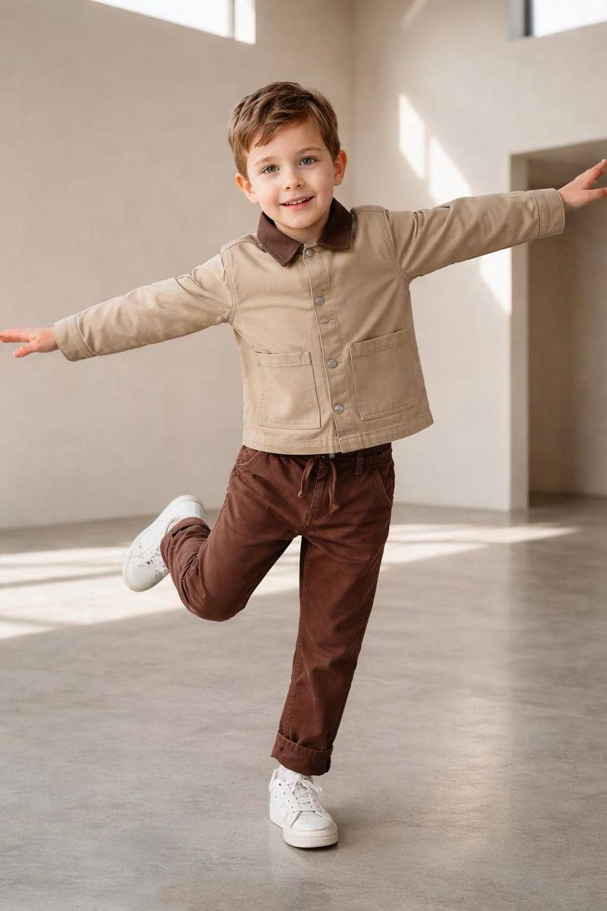 Kontrast Yakalı Kanvas Takım-Kahve