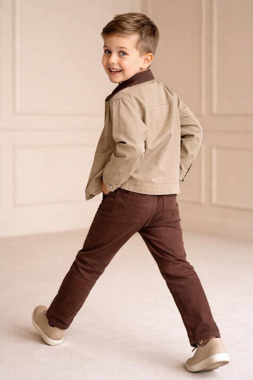 Kontrast Yakalı Kanvas Takım-Kahve