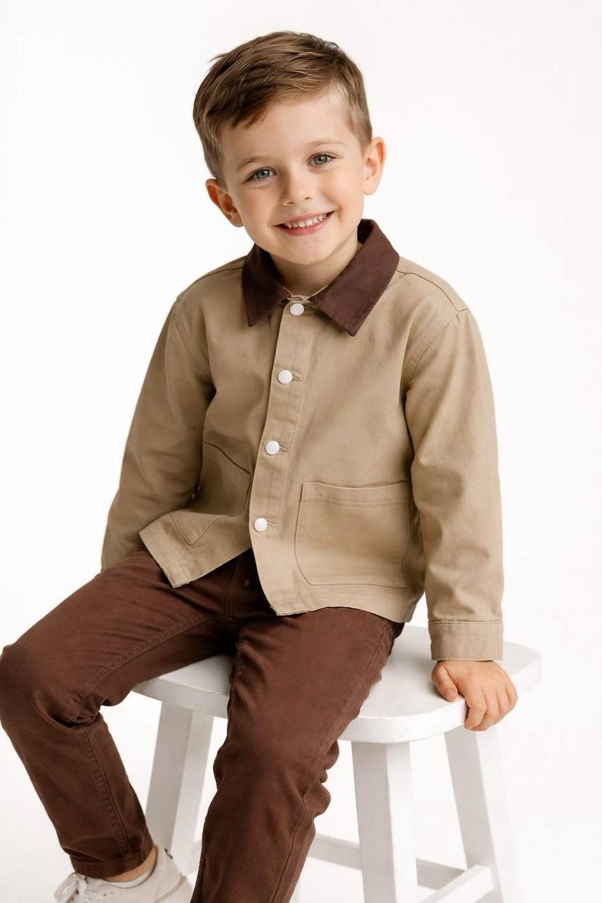 Kontrast Yakalı Kanvas Takım-Kahve