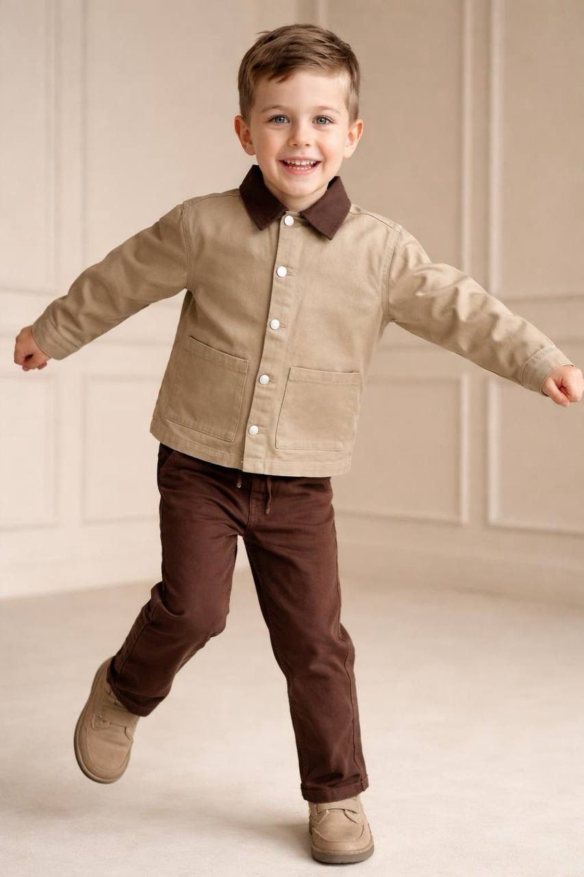 Kontrast Yakalı Kanvas Takım-Kahve