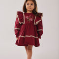 Bordo Nakışlı Vintage Elbise