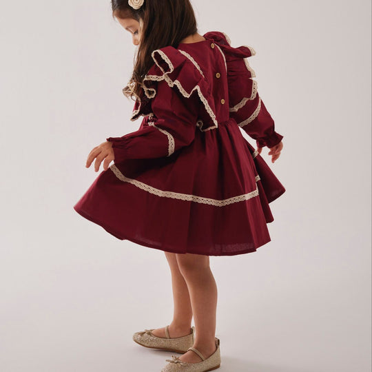 Bordo Nakışlı Vintage Elbise
