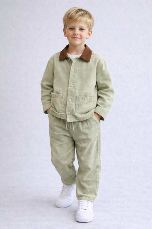 Kahve Yakalı Mint Yeşil Kanvas Takım