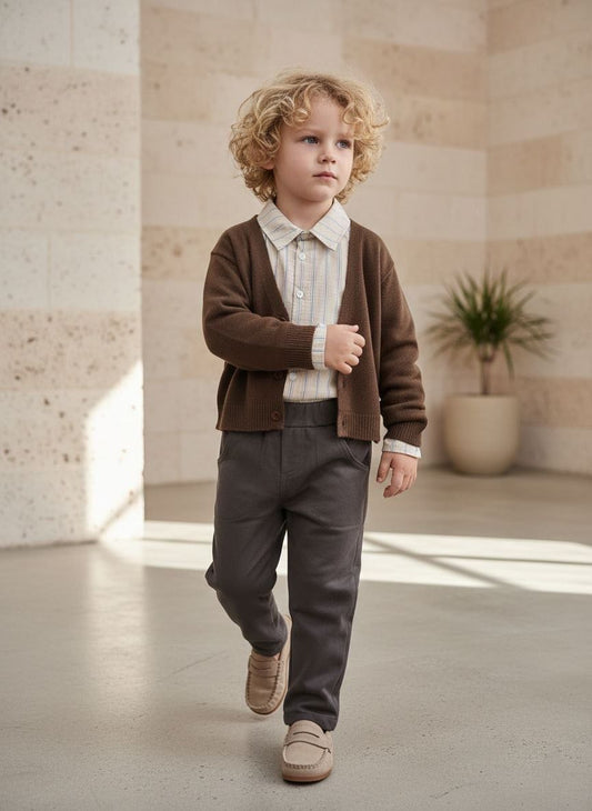 3’lü Hırka, Gömlek ve Pantolon Takımı-Kahve
