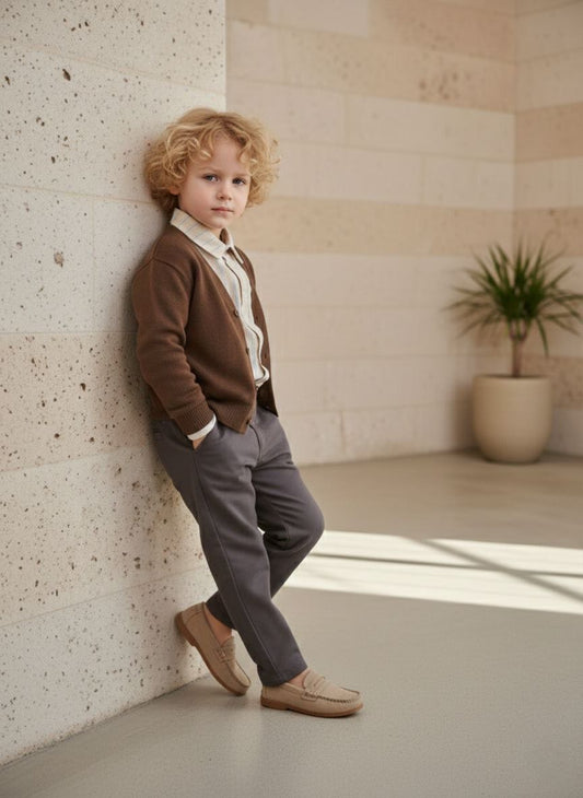 3’lü Hırka, Gömlek ve Pantolon Takımı-Kahve