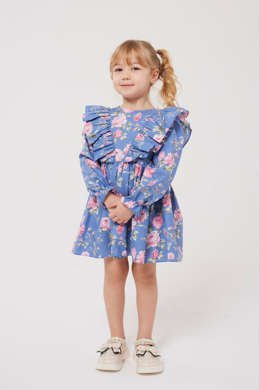 Çiçek Desenli Fırfırlı Kız Çocuk Elbisesi