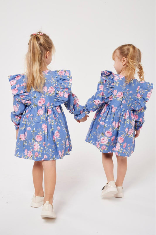 Çiçek Desenli Fırfırlı Kız Çocuk Elbisesi