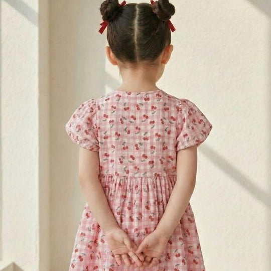 Kiraz Desenli Gingham Kız Çocuk Elbisesi