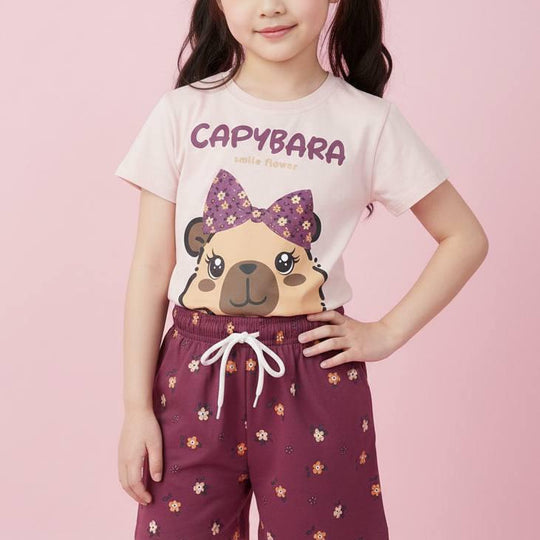 Capybara Sevimli Çiçek Detaylı Kız Çocuk Şortlu Takım