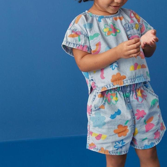 Renkli Doodle Desenli Bebek Kot Takım - Açık Mavi Denim
