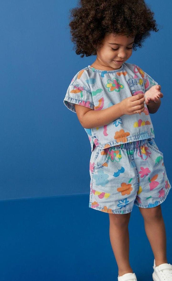 Renkli Doodle Desenli Bebek Kot Takım - Açık Mavi Denim