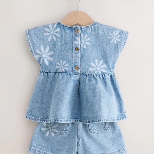 Papatya Desenli Bebek Kot Takım - Mavi Denim