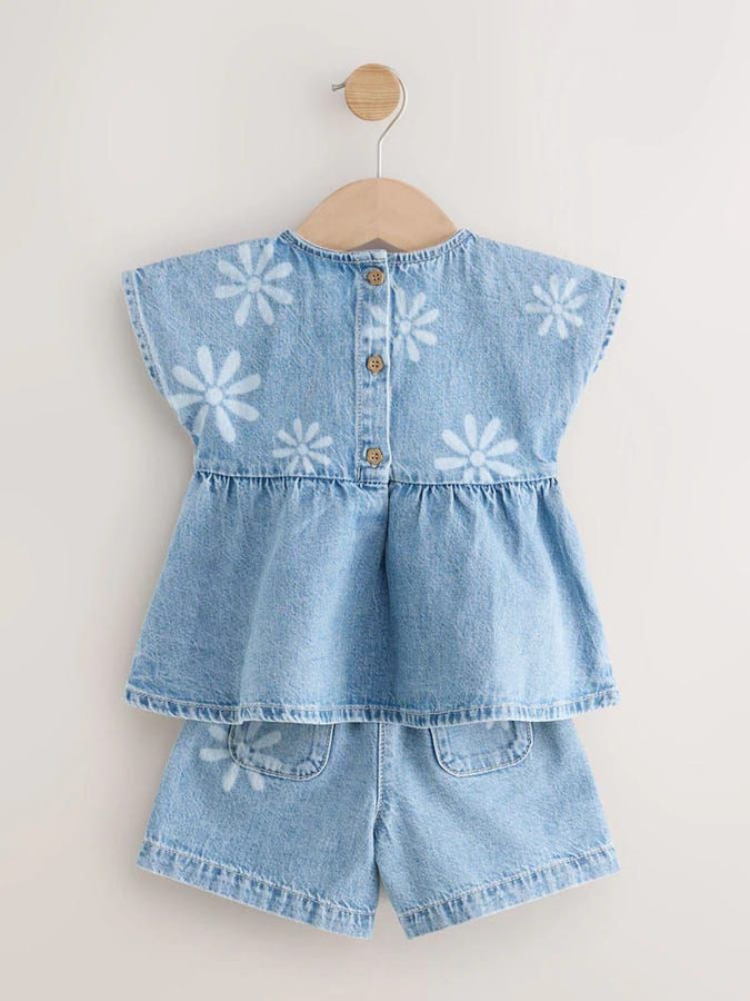 Papatya Desenli Bebek Kot Takım - Mavi Denim