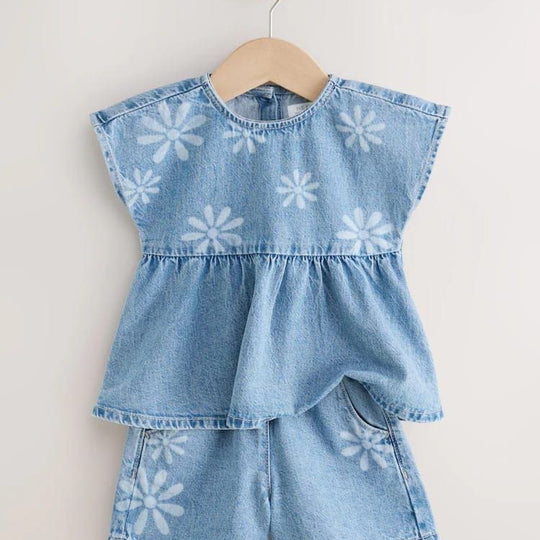 Papatya Desenli Bebek Kot Takım - Mavi Denim