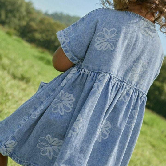 Papatya Desenli Bebek Kot Elbise - Mavi Denim